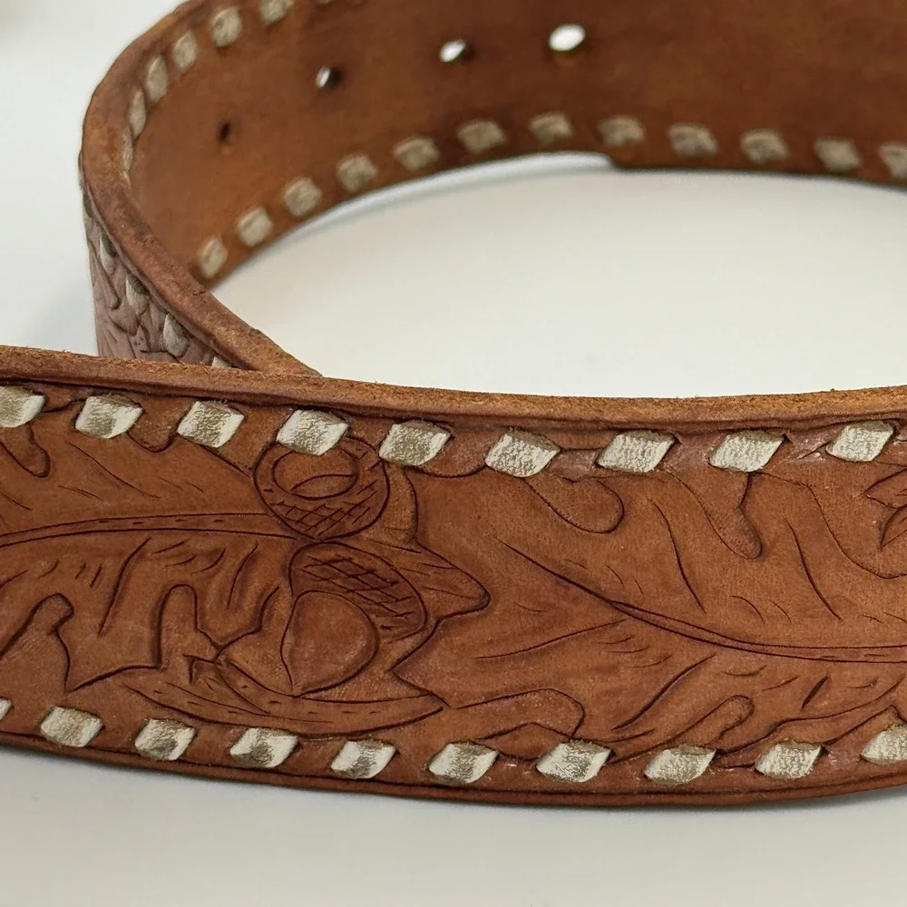 Custom Tooled Leather Belt David Personalized Buckstitch Western Tan Brown‎